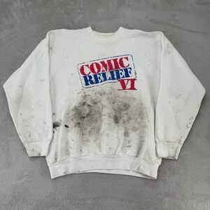 VTG Comic Relief VI Comedy Series Sweatshirt Mens XL White Flaws Stain Pullover